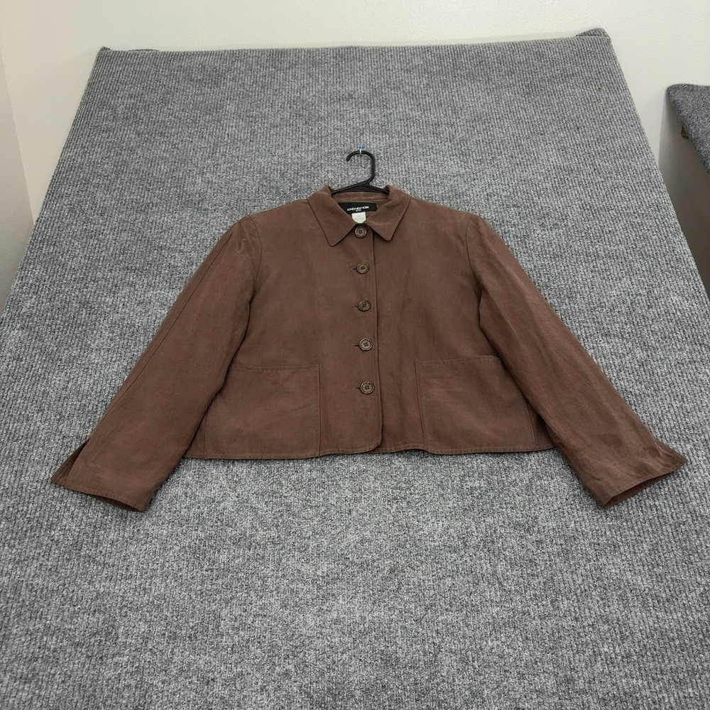 Jones New York Jacket Women 14P Brown Silk Linen Button Up Professional Classic